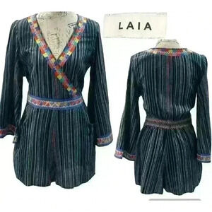 Anthropologie LAIA Embroidered Romper Multicolor Striped L/S Womens Small Boho